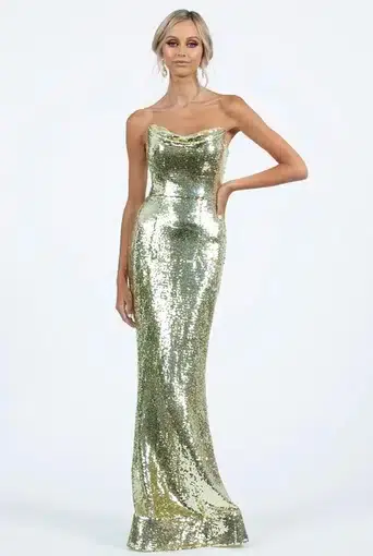 Bariano Alaia Cowl Sequin Gown Pale Gold
