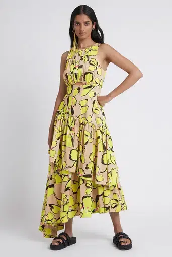Aje Pelicano Citrus Bloom Racer Asymmetric Tiered Dress Print