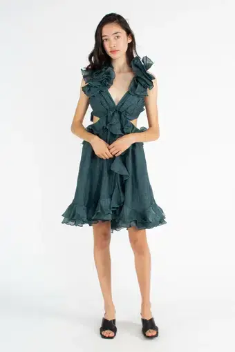 Zimmermann Ladybeetle Ruffle Mini Dress Green Size 1 / Au 10