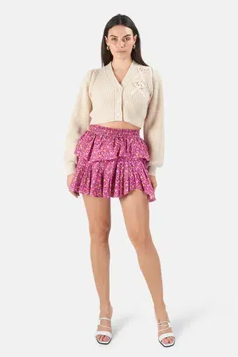 LoveShackFancy Cherry Wine Ruffled Mini Skirt in Purple Print Size 12