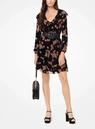 Michael Kors Belted Ruffled Floral-Print Devoré-Velvet Mini Dress Print Size 8