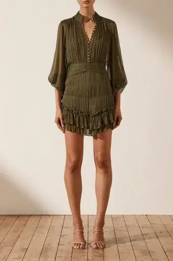 Shona Joy Irish Button Up Ruched Mini Dress Khaki Size 8