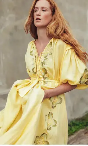 Innika Choo Sir Kulksware Yellow Linen Smock Midi Dress Print One Size