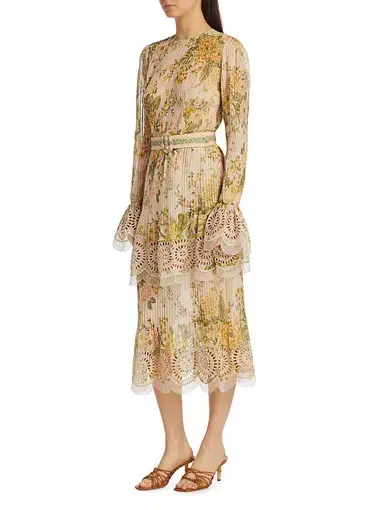 Zimmermann Amelie Floral Pintuck Long Sleeve Midi Dress Print Size 1