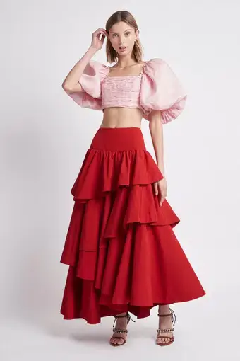 Aje Myriad Puff Sleeve Cropped Top Pink and Cosmos Tiered Frill Midi Skirt Red Set Size 8