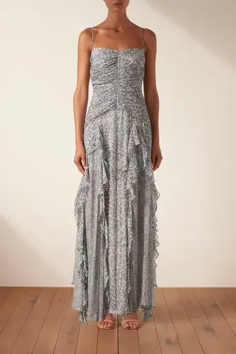Shona Joy Candice Ruched Frill Maxi Dress Print Size 10