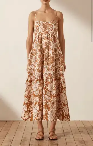 Shona Joy Vitoria Linen Corded Tiered Midi Dress Print Size 6
