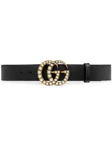 Gucci Pearl Double G Buckle Leather Belt Black