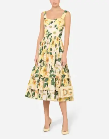 Dolce & Gabbana Camellia Floral Yellow Print Popeline Maxi Dress Print Size IT40