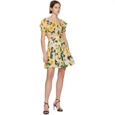 Dolce & Gabbana Camellia Floral Yellow Print Mini Skirt and Crop Top Set Size IT42