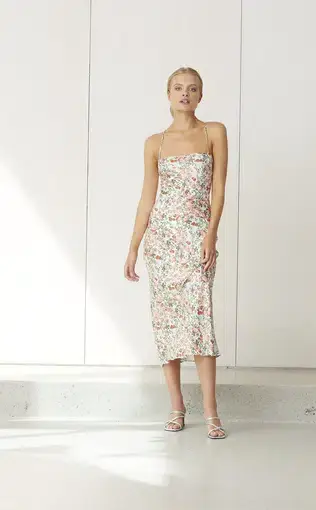 Bec & Bridge Camellia Delights Lace Up Back Midi Dress Print Size 10