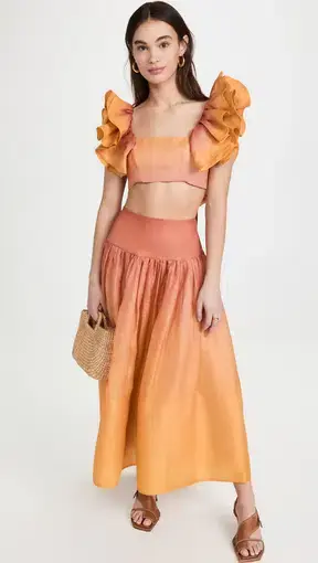 Zimmermann Postcard Ruffle Bodice and Maxi Skirt Set Orange Size 0P/Au 6