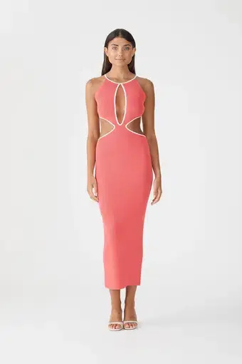 San Sloane Adrian Rib Midi Dress in Pink Coral/White
