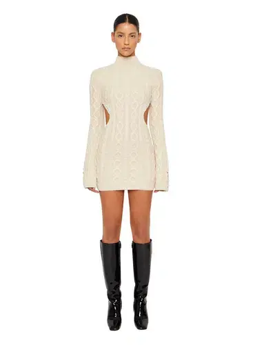 Danielle Guizio Cable Knit Backless Turtleneck Dress Cream Size S