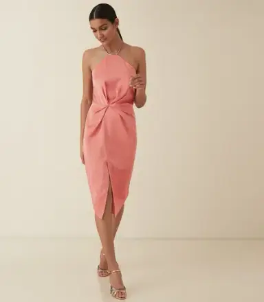 Reiss Paola Cocktail Midi Dress in Coral Pink Size 6