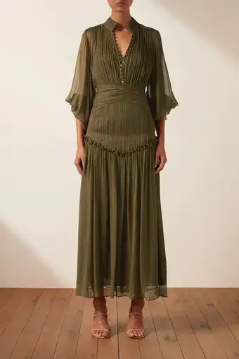 Shona Joy Iris Button up Ruched Midi Dress in Cumin Khaki Size 12