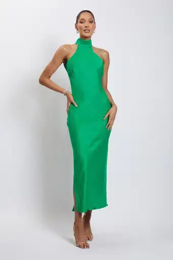 Meshki Claire Satin Drape Back Maxi Dress Green Size 8