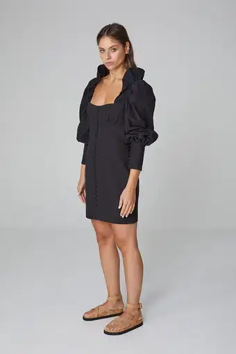 Asilio Ruffle LS Linen Dress Black Size 6