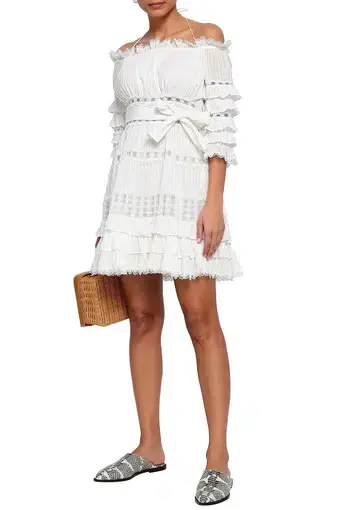 Zimmerman Off The Shoulder Tiered Cotton Mini Dress White