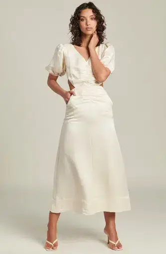 Ginia Indienne Silk Linen Midi Dress White Size 10