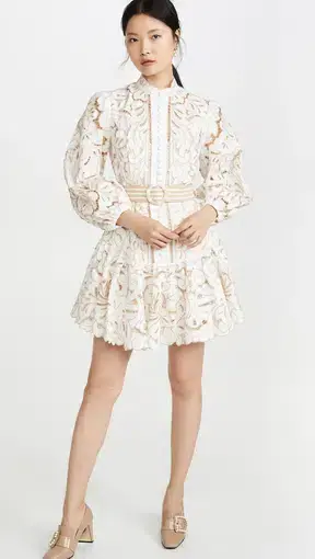 Zimmermann Edie Floral Belted Mini Dress White Nude Size 6