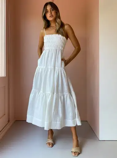 Shona Joy Bruna Open Back Shirred Midi Dress Ivory Size 6