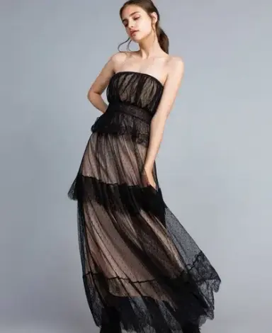 Twinset Tulle Plumetis and Lace Long Bustier Dress Black Size 8