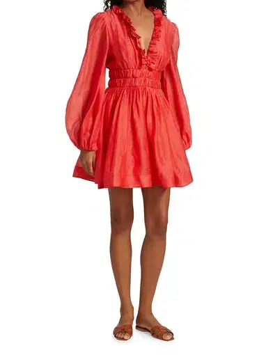 Zimmermann Prima Frill V Neck Mini Dress Tomato Red Size 0P/Au 6