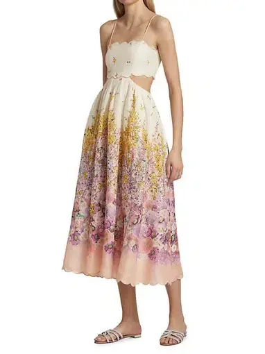 Zimmermann Jude Scallop Midi Dress in Peach Gradient Floral Print Size 8
