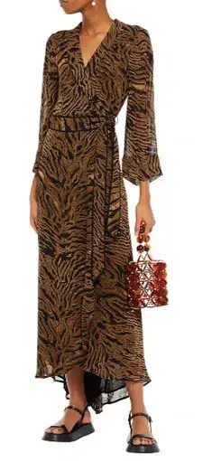 Ganni Georgette Maxi Wrap Dress Tiger Print Size 36