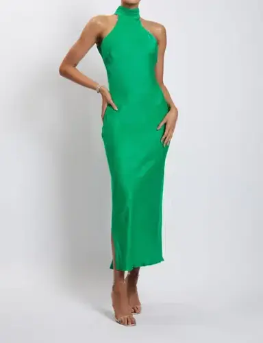 Meshki Claire Satin Drape Back Maxi Dress Green Size M
