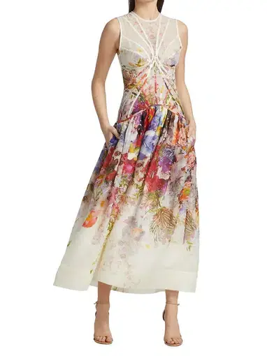 Zimmermann Prima Panelled Midi Dress Multi Floral Print Size 2