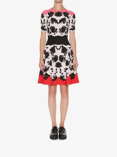 Alexander McQueen Short Sleeve Rose Knit Flare Dress Multi Size 10