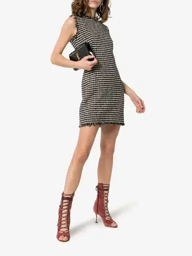 Alexander McQueen Sleeveless Frayed Edge Tweed Mini Dress Black Size 10 
