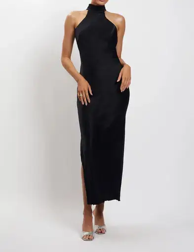 Meshki Claire Satin Drape Back Maxi Dress Black Size 8