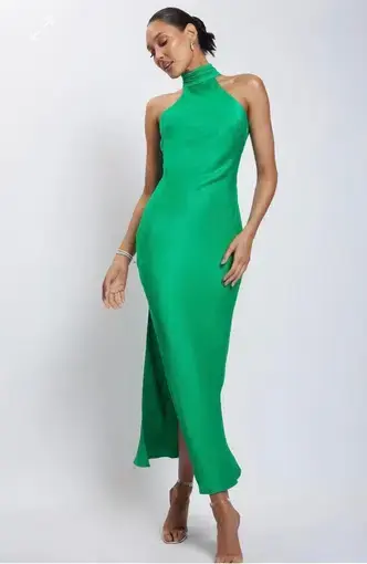 MESHKI Claire Satin Drape Back Maxi Dress Green Size 8 