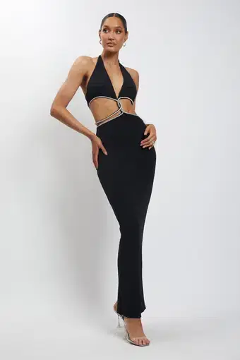 MESHKI Nicha Diamante Cut Out Midi Dress Black Size 8