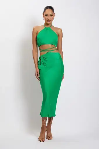 MESHKI Leanne Halter Tie Front Midi Dress Green  Size 8
