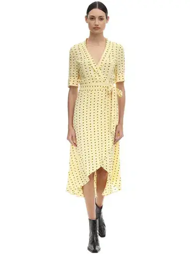 Ganni Floral Crepe Midi Wrap Dress in Yellow Print Size 8