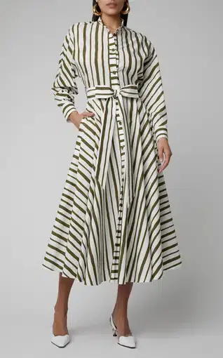 Martin Grant Tie-Front Striped Cotton-Poplin Midi Dress in Olive and White Striped Size 8