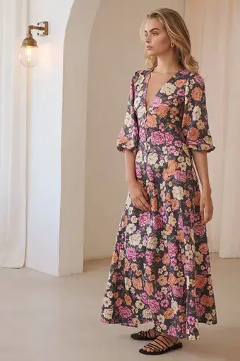 Kivari Hope Linen Maxi Dress Print Size 8