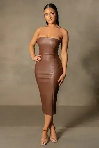 Meshki Pamela  Strapless Faux Leather Dress Chocolate Brown Size S
