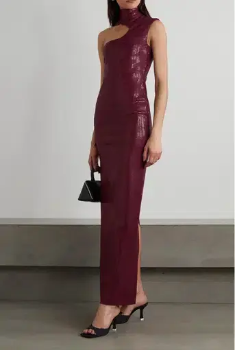 Yara Sequined Jersey Turtleneck Maxi Dress Burgundy Size 12