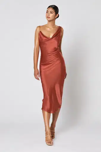 Winona Cara Asymmetric Satin Midi Dress in Copper Brown Size XS