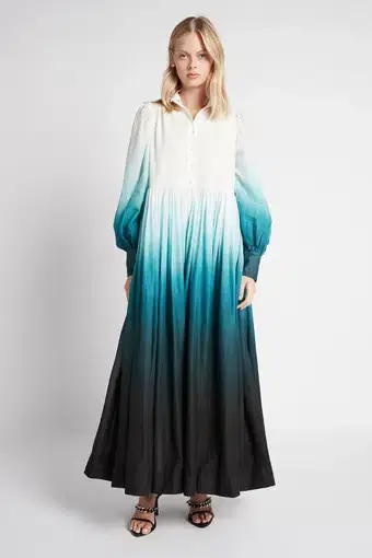 Aje Cosmos Longsleeve Tiered Maxi Dress Teal Ombre Size 6