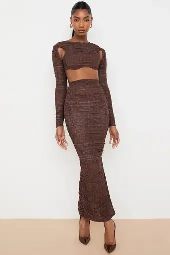 House of CB Blythe Chocolate Print Ruched Mesh Cut Out Cropped Top & Laverne Chocolate Print Ruched Maxi Skirt  Brown Size 6