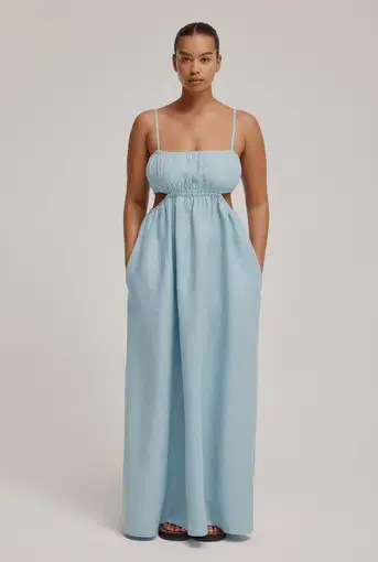 Venroy Linen Cut Out Maxi Dress in Pale Blue Size 12 