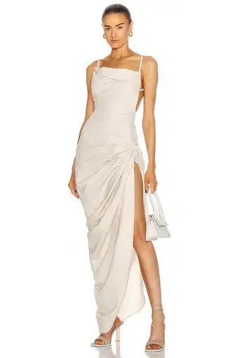 Jacquemus La Robe Saudade Asymmetrical Dress in Neutral Beige Size 36