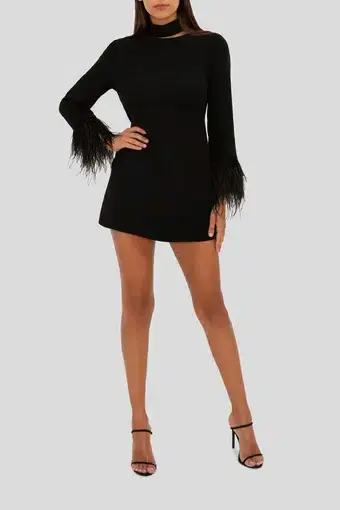 Carla Zampatti Feather Trim Mini Dress Black Size 6