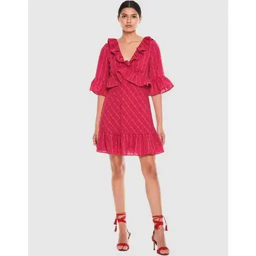 La Maison Talulah Flamenco Ruffle Grid Mini Dress Pink Size L / AU 12